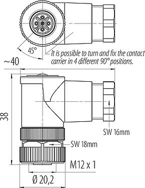 Scale drawing M12 Female angled connector, Contacts: 5, 6.0-8.0 mm, unshielded, screw clamp, IP67, UL 2238, PG 9