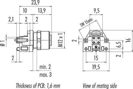 Scale drawing M12 Female panel mount connector, Contacts: 4, shieldable, THR, IP68, UL 2238, M12x1.0, Front mounting, for PCB assembly