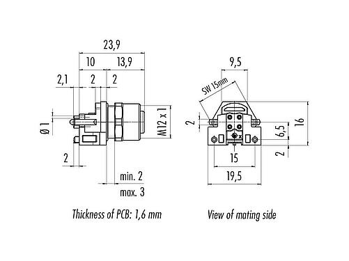 Dessin coté M12 Embase femelle, Contacts: 4, blindable, THR, IP68, UL 2238, M12x1,0, Montage frontal, pour assemblage PCB
