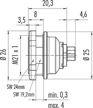 Dibujo a escala Push Pull Enchufe de brida, Número de contactos: 7, blindable, soldadura, IP67, M21x1,0, Montaje en pared