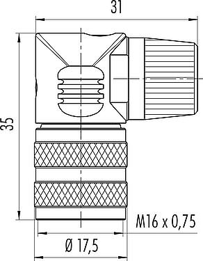 Dibujo a escala M16 Conector hembra en ángulo, Número de contactos: 5 (05-a), 6,0-8,0 mm, sin blindaje, soldadura, IP40