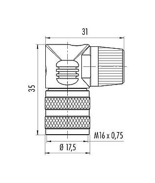 Dibujo a escala 09 0134 72 02 - M16 Conector hembra en ángulo, Número de contactos: 2 (02-a), 6,0-8,0 mm, sin blindaje, soldadura, IP40