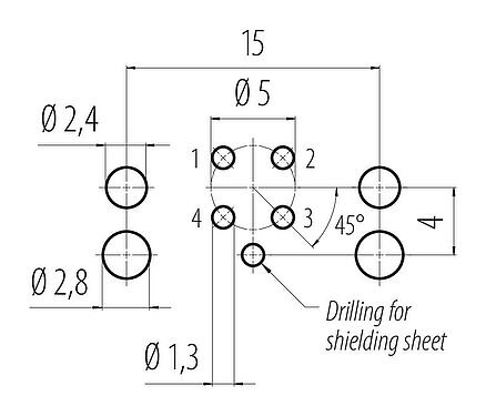 Conductor layout 99 3432 601 04 - M12 Female angled panel mount connector, Contacts: 4, shieldable, THR, IP68, UL 2238, M12x1.0, for PCB assembly