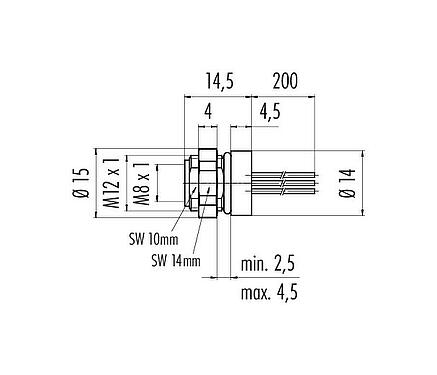 Scale drawing 76 6518 1111 00006-0200 - M8 Female panel mount connector, Contacts: 6, unshielded, single wires, IP67/IP69K, UL, M12x1.0, Rear Mounting