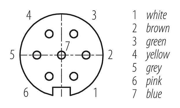 Contact arrangement (Plug-in side) M16 Female cable connector, Contacts: 7 (07-a), unshielded, moulded on the cable, IP67, PUR, black, 7 x 0.25 mm², 5 m