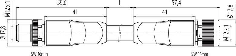 Dibujo a escala M12 Conector de cable macho - conector de cable hembra, Número de contactos: 4+FE, sin blindaje, moldeado en el cable, IP68, UL 2238, PUR, negro, 5 x 1,50 mm², UL en preparación, 2 m