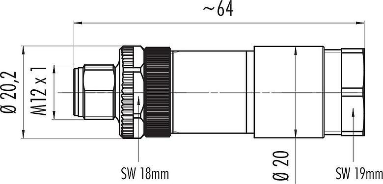Scale drawing M12 Male cable connector, Contacts: 8, 8.0-10.0 mm, unshielded, screw clamp, IP67, UL 2238, PG 11
