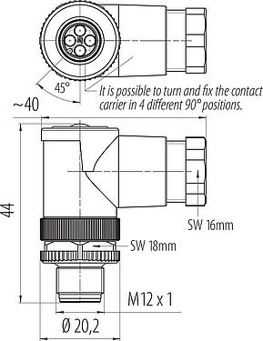 Scale drawing M12 Male angled connector, Contacts: 4, 6.0-8.0 mm, unshielded, crimping (Crimp contacts must be ordered separately), IP67, UL 2238