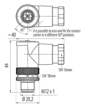 Scale drawing M12 Male angled connector, Contacts: 4, 6.0-8.0 mm, unshielded, crimping (Crimp contacts must be ordered separately), IP67, UL 2238
