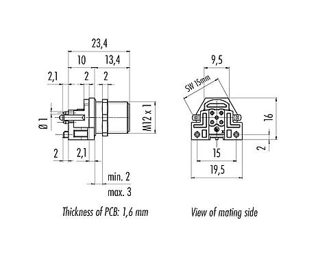 Scale drawing 99 3441 458 05 - M12 Male panel mount connector, Contacts: 5, shieldable, THR, IP68, UL, for PCB assembly