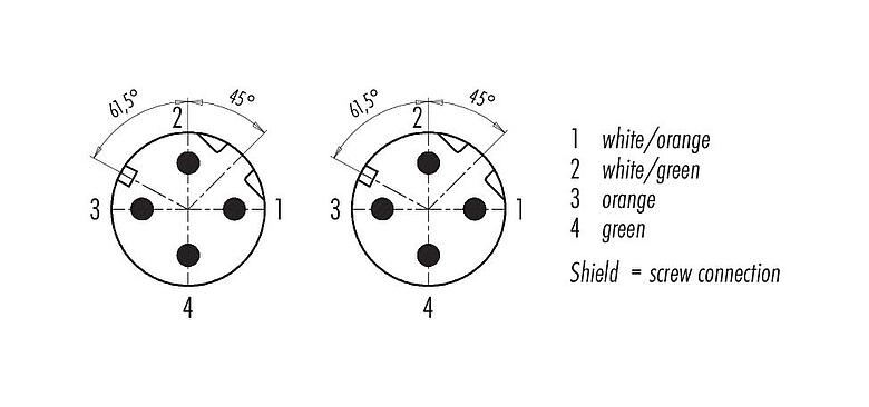 Contact arrangement (Plug-in side) 77 4529 4527 34704-0500 - M12/M12 Connecting cable male cable connector - male angled connector, Contacts: 4, shielded, moulded on the cable, IP67, UL, Ethernet CAT5e, TPE, blue/green, 2 x 2 x AWG 24, 5 m