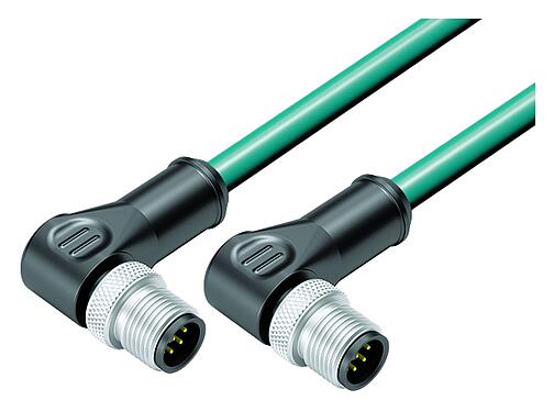 Illustration M12 Connecting cable 2 male angled connector, Contacts: 8, shielded, moulded on the cable, IP67, Ethernet CAT5e, TPE, blue/green, 4 x 2 x AWG 24, 0.6 m