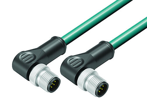 Illustration 77 3527 3527 34708-1000 - M12/M12 Connecting cable 2 male angled connector, Contacts: 8, shielded, moulded on the cable, IP67, Ethernet CAT5e, TPE, blue/green, 4 x 2 x AWG 24, 10 m