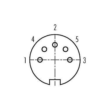 Disposición de los contactos (lado de la conexión) 09 0142 79 05 - M16 Conector hembra en ángulo, Número de contactos: 5 (05-b), 4,0-6,0 mm, sin blindaje, soldadura, IP40