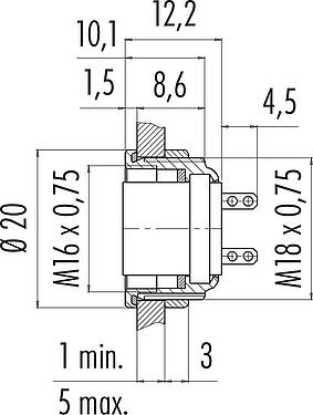 Dessin coté M16 Embase femelle, Contacts: 5 (05-a), non blindé, souder, IP67, UL 2238, M18x0,75, Montage frontal