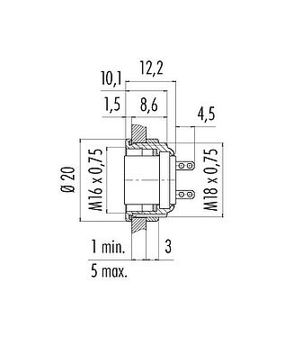 Scale drawing M16 Female panel mount connector, Contacts: 8 (08-a), unshielded, solder, IP68, UL 2238, AISG compliant, M18x0,75, Front mounting