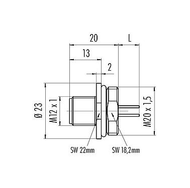 Scale drawing M12 Male panel mount connector, Contacts: 12, unshielded, single wires, IP67, UL 2238, M20x1.5, Front mounting, potted