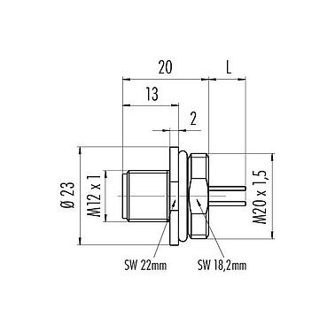 Scale drawing 76 4631 0011 00005-0200 - M12 Male panel mount connector, Contacts: 5, unshielded, single wires, IP67, UL, M20x1.5