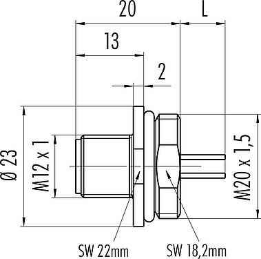 Dessin coté M12 Embase mâle, Contacts: 8, non blindé, fils, IP67, UL 2238, M20x1,5, Montage frontal
