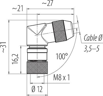Dessin coté M8 Connecteur femelle coudé, Contacts: 4, 3,5-5,0 mm, blindable, souder, IP67, UL 2238