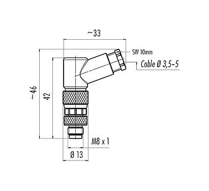 Scale drawing M8 Male angled connector, Contacts: 4, 3.5-5.0 mm, unshielded, screw clamp, IP67, UL 2238