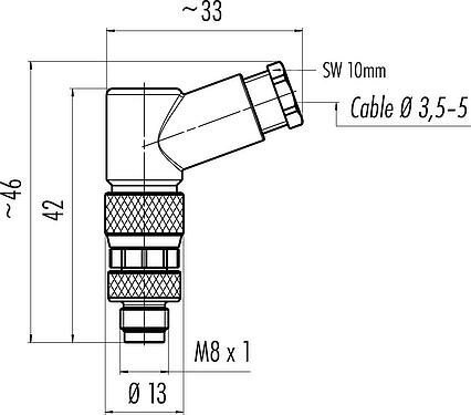 Dessin coté M8 Connecteur mâle coudé, Contacts: 4, 3,5-5,0 mm, non blindé, pince à visser, IP67, UL 2238