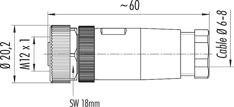 Dibujo a escala M12 Conector de cable hembra, Número de contactos: 2+PE, 6,0-8,0 mm, sin blindaje, tornillo extraíble, IP67, UL 2238