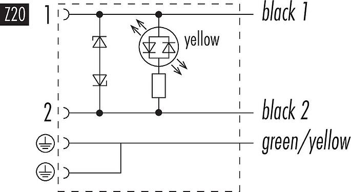 Schémas d’affectation des broches Douille d'électrovanne, Contacts: 2+2PE, non blindé, surmoulé sur le câble, IP67, PUR, noir, Circuit Z20, avec LED, PNP, 5 m