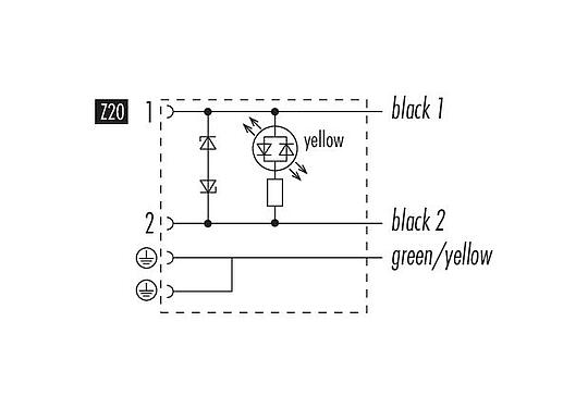 Schémas d’affectation des broches 31 5237 300 520 - Douille d'électrovanne, Contacts: 2+2PE, non blindé, surmoulé sur le câble, IP67, PUR, noir, Circuit Z20, avec LED, PNP, 3 m