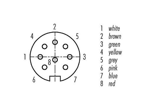 Contact arrangement (Plug-in side) M16 Female panel mount connector, Contacts: 8 (08-a), unshielded, single wires, IP40, M18x0,75, Rear mounting