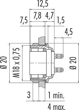 Scale drawing M16 Female panel mount connector, Contacts: 5 (05-a), unshielded, solder, IP67, UL 2238, M18x0,75, Rear mounting