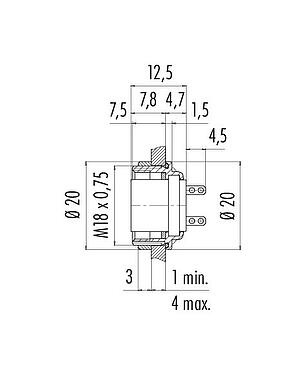 Dessin coté M16 Embase femelle, Contacts: 5 (05-b), non blindé, souder, IP67, UL 2238, M18x0,75, Montage mural arrière