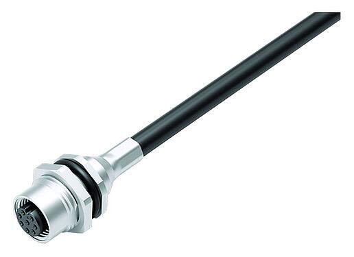 Illustration M12 Female panel mount connector, Contacts: 8, shielded, with cable assembled, IP68, PG 9, PUR, 8 x 0.25 mm², Rear mounting, 0.5 m