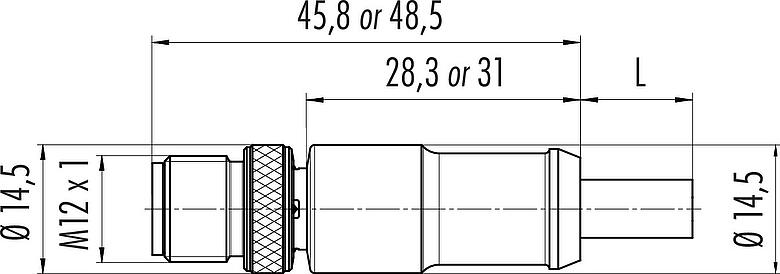 Scale drawing M12 Male cable connector, Contacts: 4, shielded, moulded on the cable, IP67, UL 2238, PUR, black, 4 x 0.34 mm², 2 m