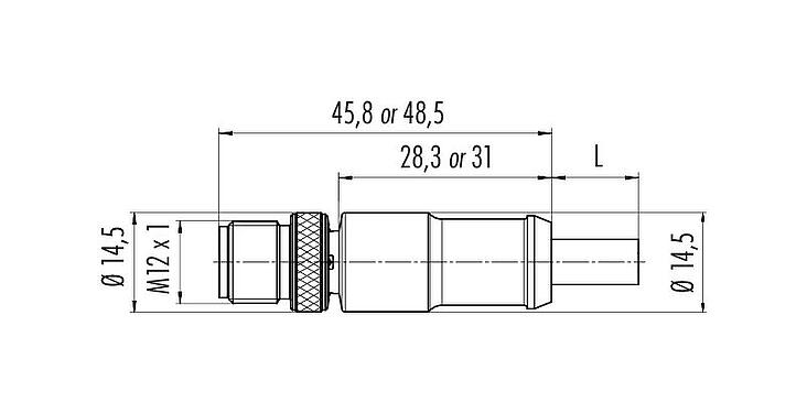 Scale drawing M12 Male cable connector, Contacts: 3, shielded, moulded on the cable, IP67, UL 2238, PUR, black, 3 x 0.34 mm², 2 m