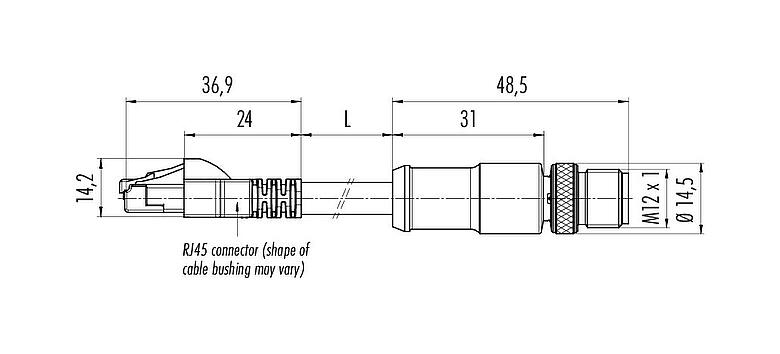 Scale drawing M12/RJ45 Connecting cable male cable connector - RJ45 connector, Contacts: 4, shielded, molded/crimp, IP67, Ethernet CAT5e, TPE, blue/green, 2 x 2 x AWG 24, 1.5 m