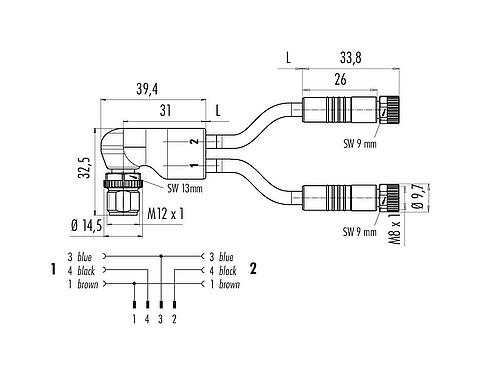 Dessin coté M12/M8 Répartiteur de câbles connecteur d‘angle mâle - 2 connecteurs femelle, Contacts: 4/3, non blindé, surmoulé sur le câble, IP67, UL 2238, PUR, noir, 3 x 0,34 mm², 2 m
