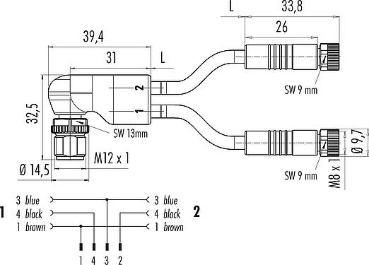 Dessin coté M12/M8 Répartiteur de câbles connecteur d‘angle mâle - 2 connecteurs femelle, Contacts: 4/3, non blindé, surmoulé sur le câble, IP67, UL 2238, PUR, noir, 3 x 0,34 mm², 2 m