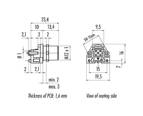 Scale drawing 99 3441 200 05 - M12 Male panel mount connector, Contacts: 5, unshielded, THR, IP68, UL 2238, for PCB assembly