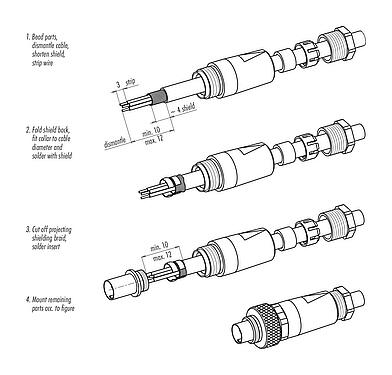 Instrucción de montaje M9 Conector de cable hembra, Número de contactos: 3, 3,5-5,0 mm, blindable, soldadura, IP67, con puño protector