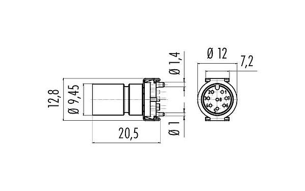 Scale drawing 09 0381 600 08 - M12 Male receptacle, Contacts: 8, unshielded, SMT, IP67