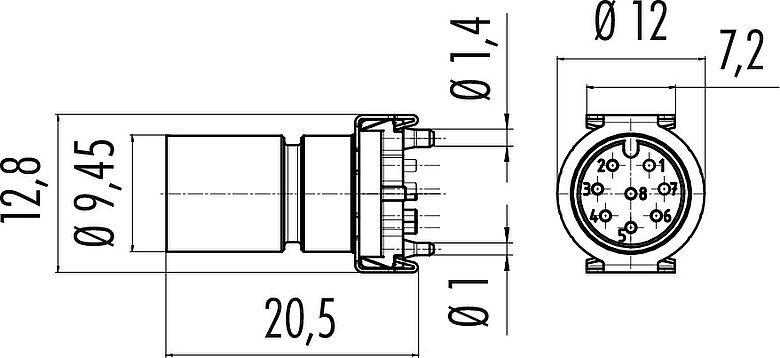 Scale drawing M12 Male receptacle, Contacts: 8, unshielded, SMT, IP67