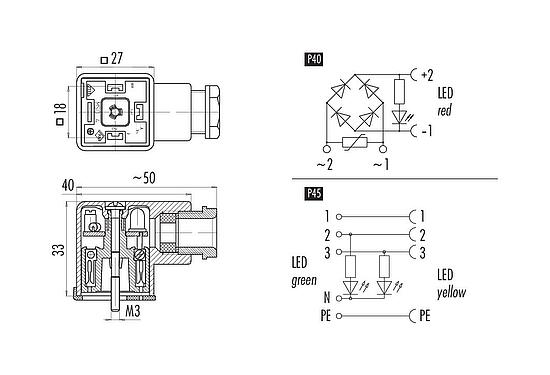 Scale drawing Female power connector, Contacts: 2+PE, 6.0-8.0 mm, unshielded, screw clamp, IP40 without seal, PG 9, Circuit P40, with LED PNP closer