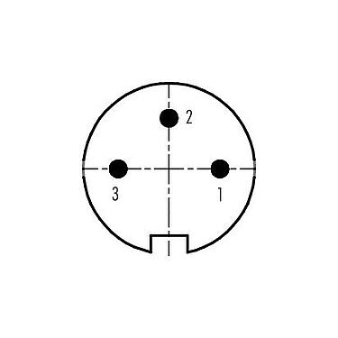 Disposición de los contactos (lado de la conexión) 09 0135 72 03 - M16 Conector macho en ángulo, Número de contactos: 3 (03-a), 6,0-8,0 mm, sin blindaje, soldadura, IP40