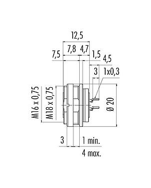 Dibujo a escala M16 Toma de brida, Número de contactos: 6 (06-a), sin blindaje, THT, IP67, UL 2238, M18x0,75, Montaje en pared