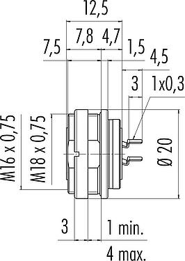 Scale drawing M16 Female panel mount connector, Contacts: 4 (04-a), unshielded, THT, IP67, UL 2238, M18x0,75, Rear mounting