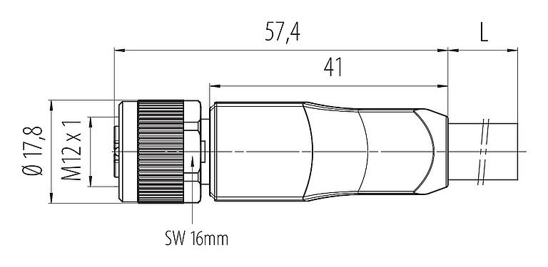 Dessin coté M12 Connecteur femelle, Contacts: 4+FE, non blindé, surmoulé sur le câble, IP68, UL 2238, M12x1,0, PUR, noir, 5 x 1,50 mm², 2 m