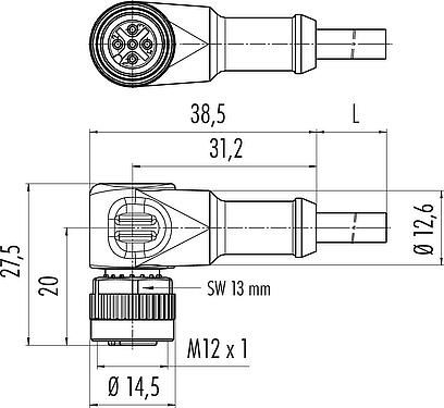Scale drawing M12 Female angled connector, Contacts: 4, unshielded, moulded on the cable, IP68/IP69K, UL 2238, PUR, orange, 4 x 0.34 mm², for welding applications, 2 m