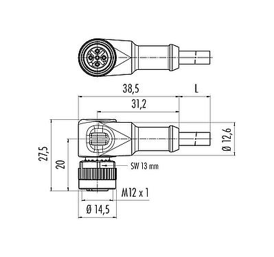 Dibujo a escala M12 Conector hembra en ángulo, Número de contactos: 4, sin blindaje, moldeado en el cable, IP68/IP69K, UL 2238, PUR, naranja, 4 x 0,34 mm², para aplicaciones de soldadura, 5 m