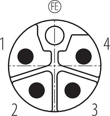 Disposition des contacts (Côté plug-in) M12 Connecteur mâle coudé, Contacts: 4+FE, 8,0-13,0 mm, non blindé, pince à visser, IP67, M12x1,0, pour l'alimentation électrique, UL 2237 en préparation, avec connexion PE